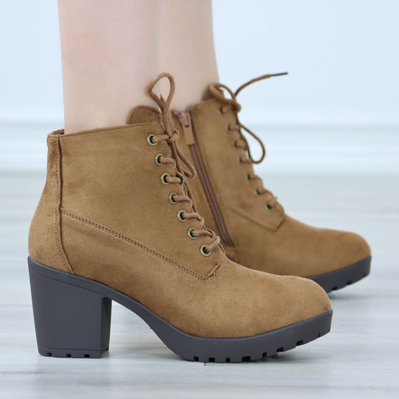 Tan Ankle Boots Chunky Block Lug High Heel Booties Lace-Up - Picture 3 of 12